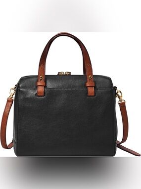 NWOT Fossil Rachel Black Leather Satchel with Brown Handles